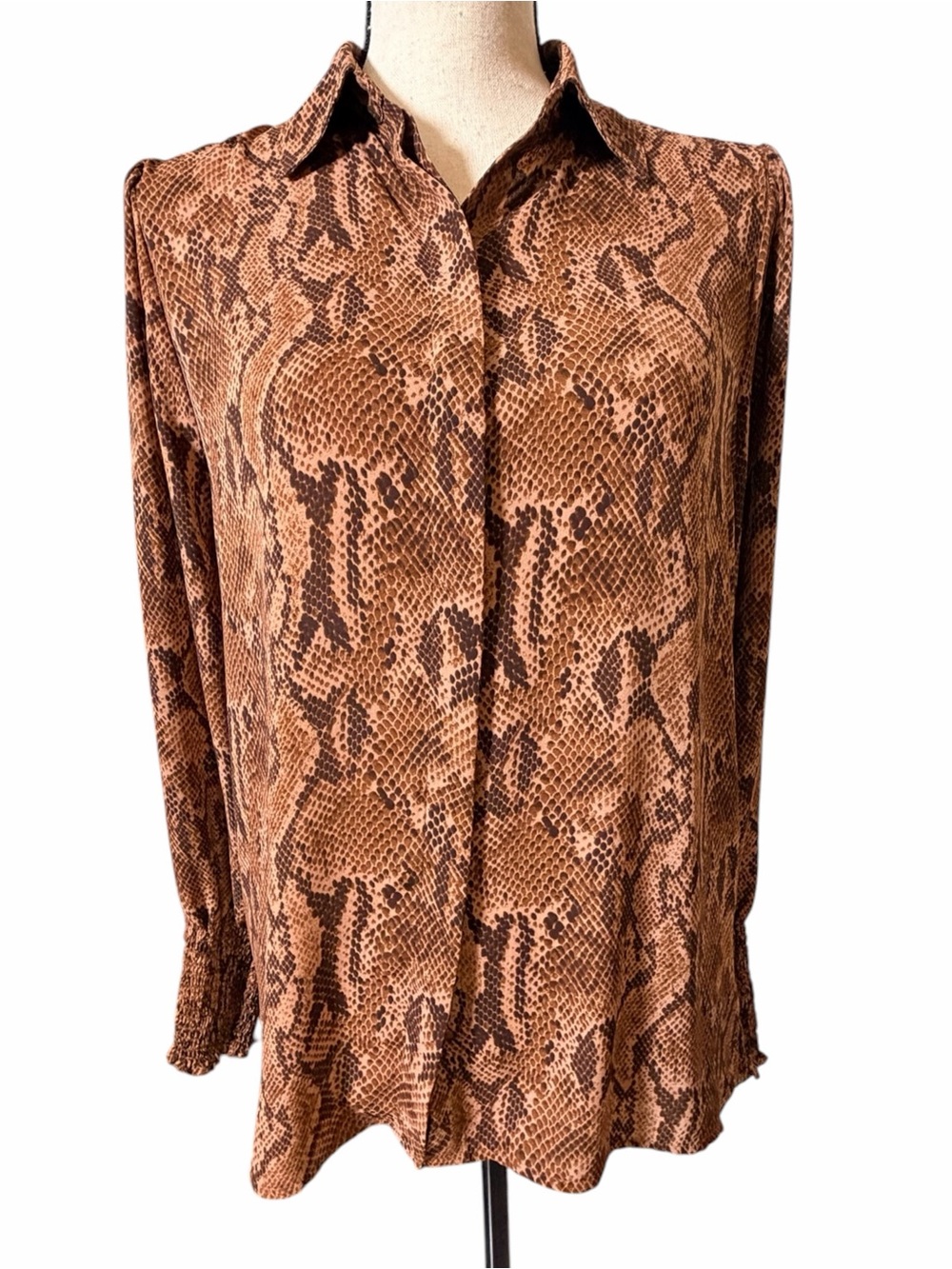 Express Snakeskin Print Button-Up Blouse Smocked Cuff Top Brown Small Petite